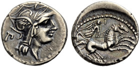 RÖMISCHE REPUBLIK. D. Iunius Silanus, 91 v. Chr. 
Denar. Romakopf mit geflügeltem Helm n.r., dahinter P Rv. D.SILANVS.L.F./ROMA Victoria eine Biga im...