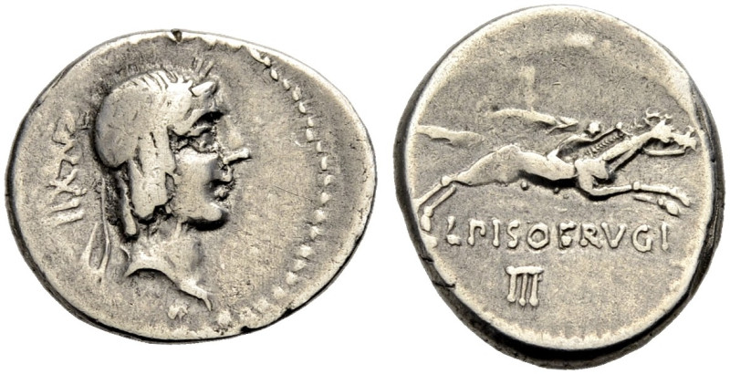 RÖMISCHE REPUBLIK. L. Calpurnius Piso, 90 v. Chr. 
Denar, Kopf des Apollon mit ...