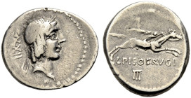 RÖMISCHE REPUBLIK. L. Calpurnius Piso, 90 v. Chr. 
Denar, Kopf des Apollon mit L. n. r., dahinter CXXII. Rv. Jugendl. Reiter n. r. mit Palme, darunte...