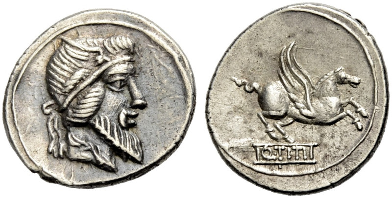 RÖMISCHE REPUBLIK. Q. Titius, 90 v. Chr. 
Denar. Kopf mit Spitzbart und geflüge...