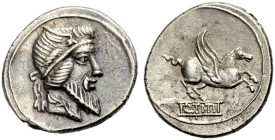 RÖMISCHE REPUBLIK. Q. Titius, 90 v. Chr. 
Denar. Kopf mit Spitzbart und geflügeltem Diadem n. r. Rv. Pegasus von einer mit Q.TITI beschrifteten Plint...