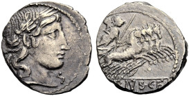 RÖMISCHE REPUBLIK. C. Vibius Pansa, 90 v. Chr. 
Denar. PANSA Kopf des Apollon mit L. n. r., davor Kontrollmarke S. Rv. (C. VI)BIVS.C.F. Minerva mit T...