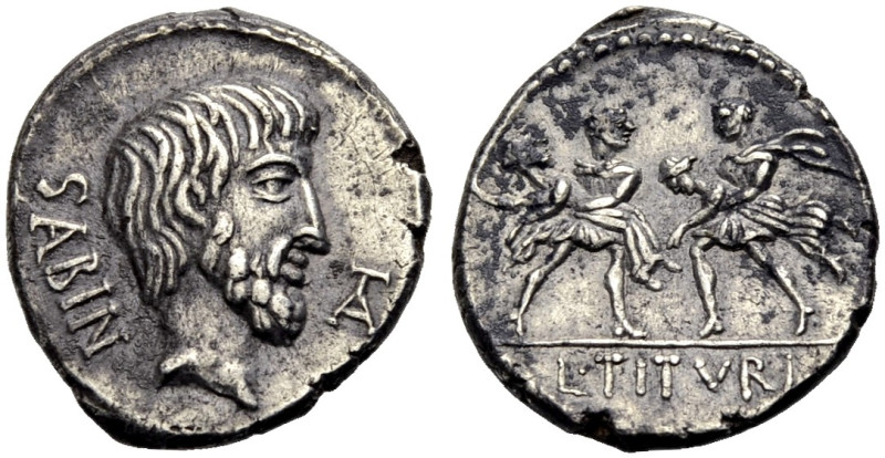 RÖMISCHE REPUBLIK. L. Titurius Sabinus, 89 v. Chr. 
Denar. SABIN Bärtiger Kopf ...