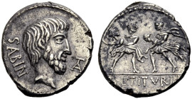 RÖMISCHE REPUBLIK. L. Titurius Sabinus, 89 v. Chr. 
Denar. SABIN Bärtiger Kopf des Tatius n.r., im Felde r. Monogramm aus TA Rv. L.TITVRI Zwei römisc...