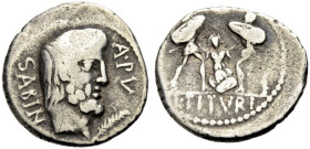 RÖMISCHE REPUBLIK. L. Titurius Sabinus, 89 v. Chr. 
Denar. SABIN Kopf des bärtigen König Tatius n. r., Palmzweig unter dem Kinn. Rv. L.TITVRI Tarpeia...