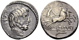 RÖMISCHE REPUBLIK. L. Titurius Sabinus, 89 v. Chr. 
Denar. SABIN Bärtiger Kopf des Tatius n. r. Rv. L. TITVRI Victoria mit Kranz eine Biga im Galopp ...