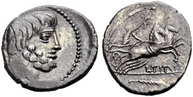 RÖMISCHE REPUBLIK. L. Titurius Sabinus, 89 v. Chr. 
Denar. SABIN Bärtiger Kopf des Tatius n. r. Rv. L. TITVRI Victoria mit Kranz eine Biga im Galopp ...