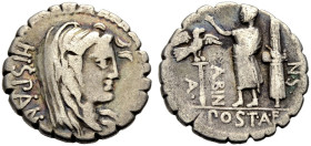 RÖMISCHE REPUBLIK. A. Postumius Albinus, 81 v. Chr. 
Serratus, gefüttert/fourré. HISPAN Verschleierter Kopf der Hispania n. r. Rv. A. POST. A. F. - S...