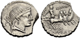 RÖMISCHE REPUBLIK. C. Naevius Balbus, 79 v. Chr. 
Serratus. S.C Kopf der Juno mit Diadem n. r. Rv. C. NAE. BALB Victoria in n. r. galoppierender Quad...