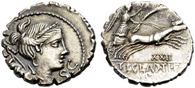 RÖMISCHE REPUBLIK. Ti. Claudius Nero, 79 v. Chr. 
Serratus. S.C Drap. Büste der Diana mit Diadem, Bogen und Köcher n. r. Rv. TI. CLAVD. TI. F / AP. N...