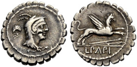 RÖMISCHE REPUBLIK. L. Papius, 79 v. Chr. 
Serratus. Kopf der Iuno Sospita in einem Ziegenfell. Beizeichen: Netz eines Fallenstellers, beziehungsweise...