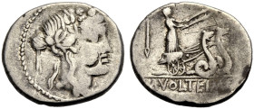 RÖMISCHE REPUBLIK. M. Volteius, 78 v. Chr. 
Denar. Kopf des Liber mit Efeukranz n. r. Rv. M. VOLTEI. M. F. Ceres mit zwei kurzen Fackeln in Schlangen...