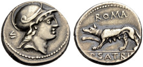 RÖMISCHE REPUBLIK. P. Satrienus, 77 v. Chr. 
Denar. Kopf des unbärtigen Mars im Helm mit Helmzier n. r., im Felde l. Kontrollmarke VI Rv. P. ROMA-SAT...