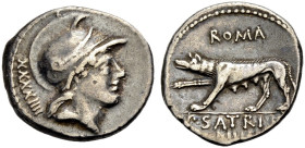 RÖMISCHE REPUBLIK. P. Satrienus, 77 v. Chr. 
Denar. Kopf des unbärtigen Mars im Helm mit Helmzier n. r., im Felde l. Kontrollmarke XXXXIIII Rv. P. RO...
