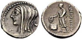 RÖMISCHE REPUBLIK. L. Cassius Longinus, 63 v. Chr. 
Denar. Vestakopf mit Schleier n. l., im Felde r. zweihenklige Schale, unter dem Kinn Kontrollmark...