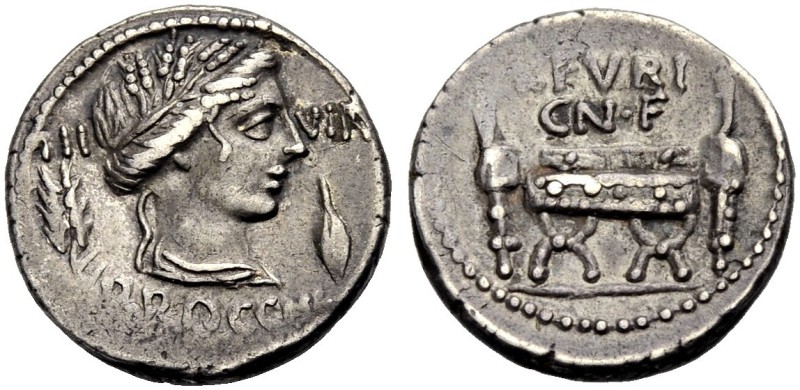 RÖMISCHE REPUBLIK. Furius F. Brocchus, 63 v. Chr.
Denar. III - VIR/BROCCHI Drap...