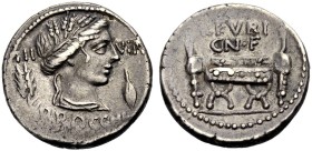 RÖMISCHE REPUBLIK. Furius F. Brocchus, 63 v. Chr.
Denar. III - VIR/BROCCHI Drap. Büste der Ceres mit Ährenkranz n.r., im Felde l. Ähre, r. Getreideko...