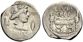 RÖMISCHE REPUBLIK. Furius F. Brocchus, 63 v. Chr.
Denar. III - VIR/BROCCHI Drap. Büste der Ceres mit Ährenkranz n.r., im Felde l. Ähre, r. Getreideko...
