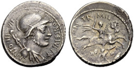RÖMISCHE REPUBLIK. P. Fonteius Capito, 55 v. Chr. 
Denar. P.FONTEIVS.P.F. - CAPITO.III.VIR Drap. Büste des Mars im Helm und mit Trophäe n.r. Rv. MN.F...