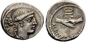 RÖMISCHE REPUBLIK. D. Iunius Brutus Albinus, 48 v. Chr. 
Denar. PIETAS Kopf der Pietas n.r. Rv. ALBINVS.BRVTI.F. Zwei Hände im Handschlag halten eine...