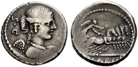 RÖMISCHE REPUBLIK. T. Carisius, 46 v. Chr. 
Denar, 46 v. Chr. S.C Drap. Victoriabüste n.r. Rv. T.CARISI Victoria mit Kranz in einer Quadriga n.r. 3,9...