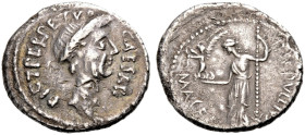 IMPERATORISCHE PRÄGUNGEN. Julius Caesar, gest. 44 v. Chr. 
Denar des P. Sepullius Macer, 44 v. Chr. CAESAR - DICT.PERPETVO Kopf mit Kranz n.r. Rv. P....