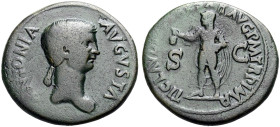KAISERZEIT. Antonia, Mutter des Claudius(41-54). 
Dupondius, 41-42. Drap. Büste mit Zopf n.r. Rv. TI CLAVDIVS CAESAR AVG PM TR P IMP/S-C Claudius ver...