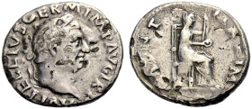 KAISERZEIT. Vitellius, 69.
Denar. Kopf mit L. n.r. A VITELLIVS GERM IMP AVG TRP Rv. PONT - MAXIM Vesta verschleiert n.r. sitzend. 3,02 g. 17 mm. BMC ...