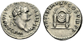 KAISERZEIT. Titus, 79-81. 
Denar, 80. Büste mit L. n. r. Rv. TRP IX IMP XV COS VIII PP Drapierter, ornamentierter Thron. 3,43 g. 18 mm. RIC II²,119,2...
