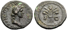 KAISERZEIT. Domitianus, 81-96. 
Quadrans, 86. Drap. Ceresbüste n. r. IMP DOMITIAN AVG GERM COS XII. Rv. S-C Drei Mohn­blumen und vier Ähren im Bündel...