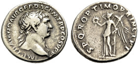KAISERZEIT. Trajanus, 98-117. 
Denar, ca. 107 Büste mit Drapierung auf l. Schulter und L. n. r. IMP TRAIANO AVG GER DAC PM TRP COS V PP. Rv. SPQR OPT...