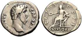 KAISERZEIT. Aelius Caesar, 135-138. 
Denar, 137. Bärtiger, barer Kopf n.r. Rv. TR POT - COS II / CONCORD Concordia im langen Gewand n.l. sitzend, der...