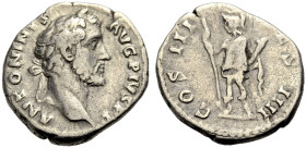 KAISERZEIT. Antoninus Pius, 138-161. 
Denar, 144 Büste mit L. n. r. ANTONINVS - AVG PIVS PP Rv. COS III DES IIII Virtus n.l. stehend, Lanze mit Spitz...