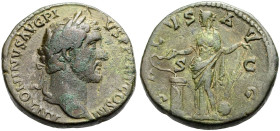KAISERZEIT. Antoninus Pius, 138-161. 
Sesterz, 145-161. Kopf mit L. n.r. / SALVS - AVG/S-C Salus frontal stehend, Steuerruder auf Globus in der Linke...