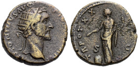 KAISERZEIT. Antoninus Pius, 138-161.
Dupondius, 156-157 Büste mit Strkr. n. r. Rv. TR POT XX (.) Providentia n.l., Zepter in der l.; zu ihren Füßen E...