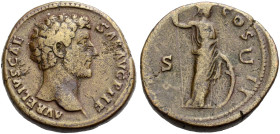 KAISERZEIT. Marcus Aurelius Caesar, 138-161. 
Sesterz, 145. Kurzgelockter Kopf n.r. Rv. TR POT - COS II / S-C Minerva im Helm, mit Lanze und Schild n...