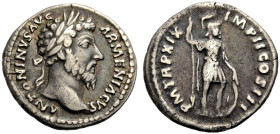 KAISERZEIT. Marcus Aurelius, 161-180. 
Denar, 164-165. Büste mit L. n. r. ANTONINVS AVG ARMENIACVS Rv. PM TR P XIX - IMP II COS III Mars mit Lanze un...