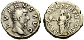 KAISERZEIT. Lucius Verus, 161-169. 
Denar, 161-162 Barhäuptige Büste n. r. L VERVS AVG Rv. PROV DEOR TRP II COS II Providentia n.l. stehend, Globus u...