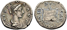 KAISERZEIT. Crispina, Gattin des Commodus, gest. 183. 
Denar. Drap. Büste n.r. CRISPI-NA AVG. Rv. Brennender Altar. DIS/ GENI/TALI/BVS. 2,79 g. 18 mm...