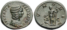 KAISERZEIT. Julia Domna, 193-217. 
Sesterz, 211-217. Drap. Büste n.r., das Haar in horizontalen Wellen. Rv. IVNONEM/S-C Juno, im langen Gewand, front...