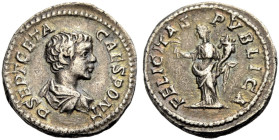 KAISERZEIT. Geta Caesar, 198-209. 
Denar, 200-202. Drap., Gep. Büste n. r. P SEPT GETA-CAES PONT. Rv. FELICITAS PVBLICA Felicitas n. l. stehend, Cadu...