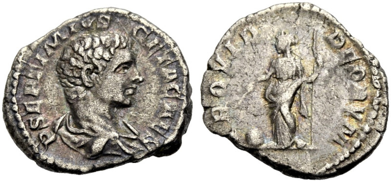 KAISERZEIT. Geta Caesar, 198-209. 
Denar, 203-207 Drap., gep. barhäuptige Büste...