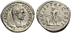 KAISERZEIT. Geta, 209-211. 
Denar, 209. Büste mit L. n. r. IMP CAES P SEPT GETA PIVS AVG Rv. PONTIF TRP COS II Genius mit Patera und Ähren n.l. über ...