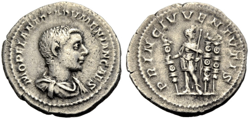 KAISERZEIT. Diadumenianus Caesar, 217-218.
Denar. Drap., gep. Büste n. r. M. OP...