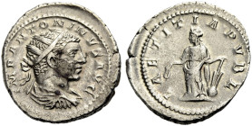 KAISERZEIT. Elagabalus, 218-222. 
Antoninian (Doppeldenar) Drap., gep. Büste mit Strkr. n. r. IMP ANTONINVS AVG. Rv. LAETITIA PVBL Laetitia frontal s...