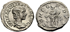 KAISERZEIT. Aquilia Severa, 220-221. 
Denar, Drap. Büste n. r. mit Diadem. IVLIA AQVILIA SEVERA AVG Rv. CONCORDIA/ S-C Concordia n.l. stehend, mit de...