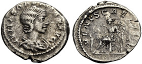 KAISERZEIT. Julia Soaemias, (gest. 222). 
Denar Drap. Büste n.r. Rv. VENVS CAELESTIS Venus im langen Gewand n.l. thronend, in der Linken ein Zepter h...