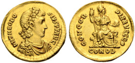 KAISERZEIT. Theodosius I., 379-395.
Solidus, 383-388 Konstantinopel. Drap. Büste mit Rosettendiadem n. r. DN THEODO-SIVS PF AVG Rv. CONCORDI-A AVCCCΘ...