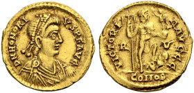 KAISERZEIT. Honorius, 393-423. 
Solidus, 402-423. Ravenna. Drap., gep. Büste n. r. mit Perlendiadem. DN HONORI-VS PF AVG Rv. VICTORI - A AVCCC/R-V/CO...