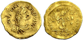Iustinianus I., 527-565. 
AV- Tremissis, 552-565 Thessalonica. Drap., gep. Büste mit Diadem n. r. DN IVSTINI-ANVS PF AVG Rv. VICTORIA AVGVSTORVM Vict...